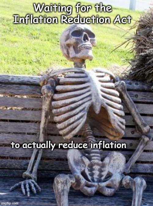 It's a fairy tale | Waiting for the Inflation Reduction Act; to actually reduce inflation | image tagged in memes,waiting skeleton | made w/ Imgflip meme maker