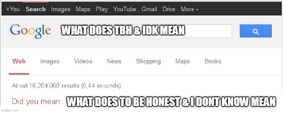 Did You Mean...? | WHAT DOES TBH & IDK MEAN WHAT DOES TO BE HONEST & I DONT KNOW MEAN | image tagged in did you mean | made w/ Imgflip meme maker