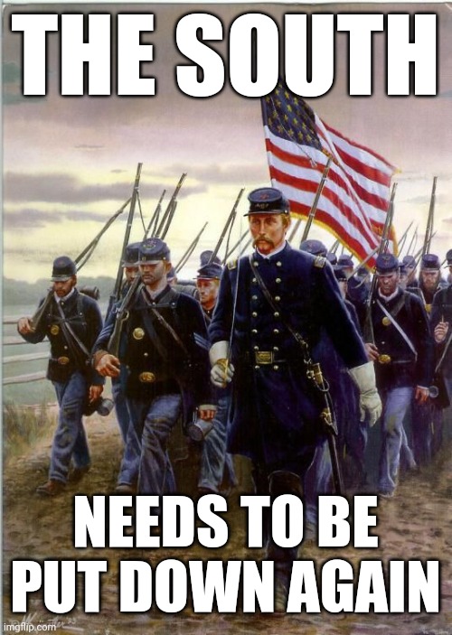 Union Soldiers | THE SOUTH NEEDS TO BE PUT DOWN AGAIN | image tagged in union soldiers | made w/ Imgflip meme maker