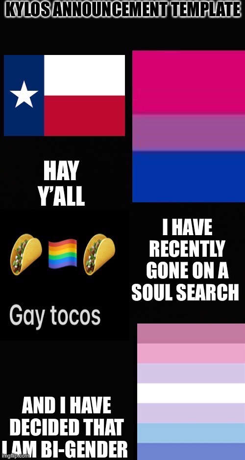 Hmmm soul serch | I HAVE RECENTLY GONE ON A SOUL SEARCH; AND I HAVE DECIDED THAT I AM BI-GENDER | image tagged in kylo_is_crazy temp 1 3 | made w/ Imgflip meme maker