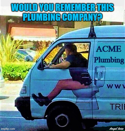 acme plumbing |  WOULD YOU REMEMBER THIS
PLUMBING COMPANY? ACME; Plumbing; Angel Soto | image tagged in plumbing,plumber,company,van,funny signs | made w/ Imgflip meme maker