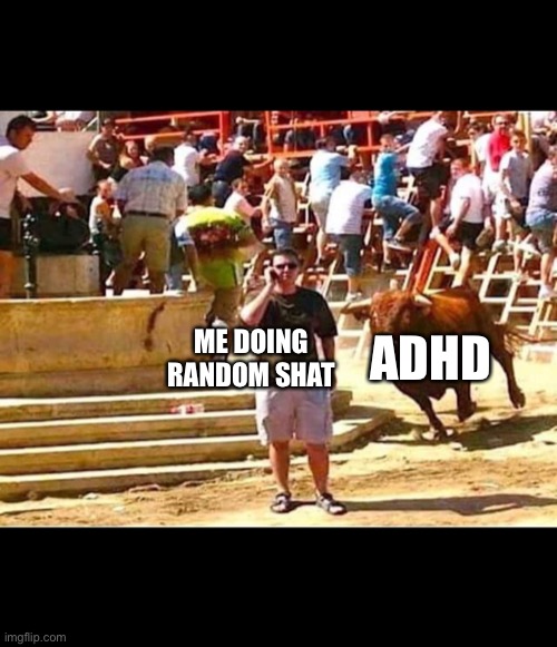 Bull Blindside | ME DOING RANDOM SHAT ADHD | image tagged in bull blindside | made w/ Imgflip meme maker
