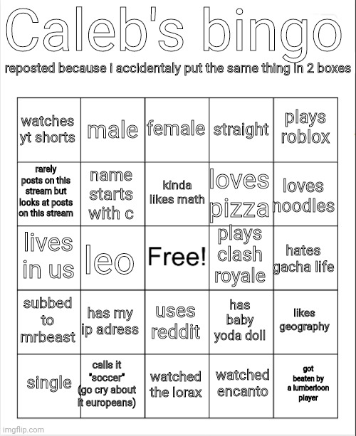 people are doing this so i did it. | Caleb's bingo; reposted because i accidentaly put the same thing in 2 boxes; female; male; plays roblox; watches yt shorts; straight; kinda likes math; rarely posts on this stream but looks at posts on this stream; loves noodles; loves pizza; name starts with c; plays clash royale; lives in us; hates gacha life; leo; subbed to mrbeast; has my ip adress; likes geography; has baby yoda doll; uses reddit; calls it "soccer" (go cry about it europeans); got beaten by a lumberloon player; single; watched the lorax; watched encanto | image tagged in blank bingo | made w/ Imgflip meme maker