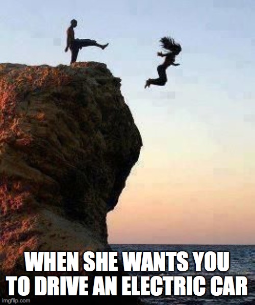 electriccar | WHEN SHE WANTS YOU TO DRIVE AN ELECTRIC CAR | image tagged in kicking off cliff | made w/ Imgflip meme maker
