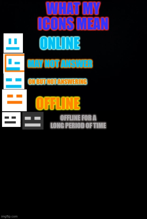 WHAT MY ICONS MEAN; ONLINE; MAY NOT ANSWER; ON BUT NOT ANSWERING; OFFLINE; OFFLINE FOR A LONG PERIOD OF TIME | image tagged in black background,blank black | made w/ Imgflip meme maker