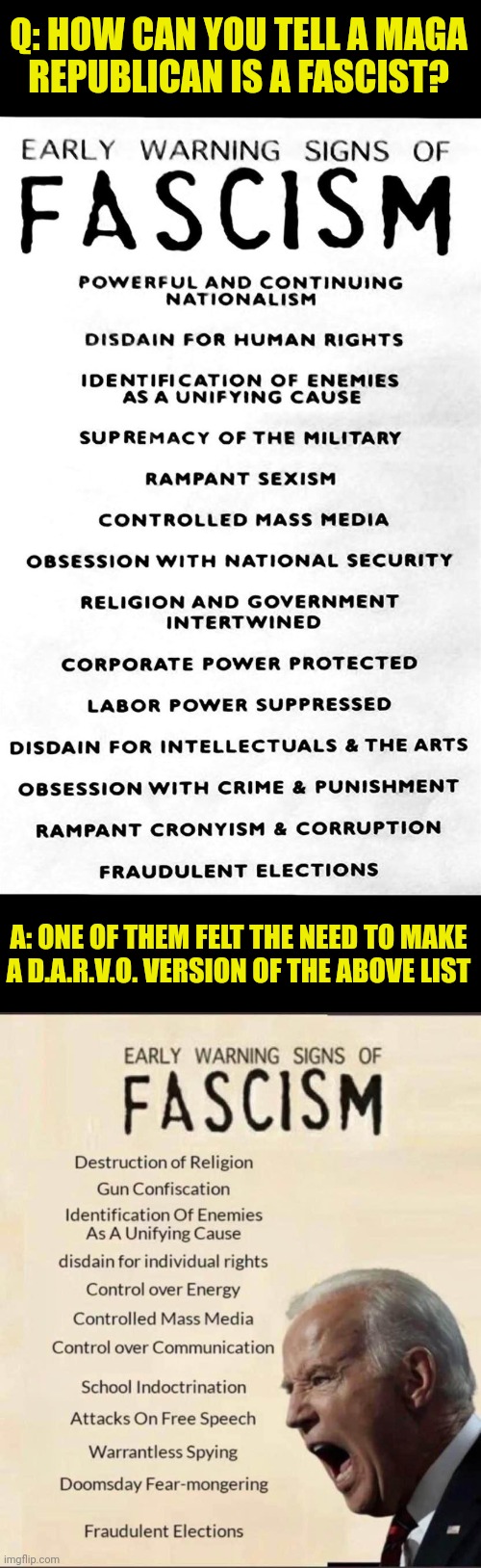 Q: HOW CAN YOU TELL A MAGA
REPUBLICAN IS A FASCIST? A: ONE OF THEM FELT THE NEED TO MAKE
A D.A.R.V.O. VERSION OF THE ABOVE LIST | image tagged in primitive psychological defences,propaganda,psychological warfare,disinformation,darvo,obvious fascist is obvious | made w/ Imgflip meme maker