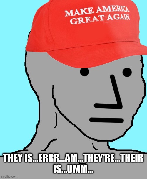 MAGA NPC | THEY IS...ERRR...AM...THEY'RE...THEIR IS...UMM... | image tagged in maga npc | made w/ Imgflip meme maker