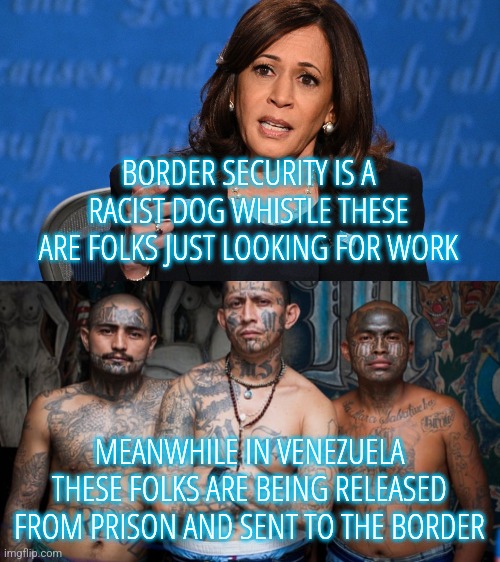 Venezuela Border Visits | BORDER SECURITY IS A RACIST DOG WHISTLE THESE ARE FOLKS JUST LOOKING FOR WORK; MEANWHILE IN VENEZUELA THESE FOLKS ARE BEING RELEASED FROM PRISON AND SENT TO THE BORDER | image tagged in memes,funny,illegal immigration,democrats,liberals,kamala harris | made w/ Imgflip meme maker