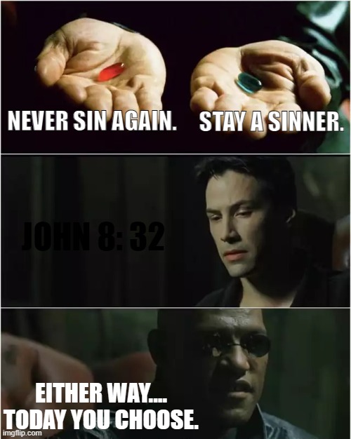 TODAY YOU CHOOSE. | NEVER SIN AGAIN. STAY A SINNER. JOHN 8: 32; EITHER WAY....
TODAY YOU CHOOSE. | image tagged in red pill blue pill,matrix morpheus offer,the matrix,bible,jesus,truth | made w/ Imgflip meme maker