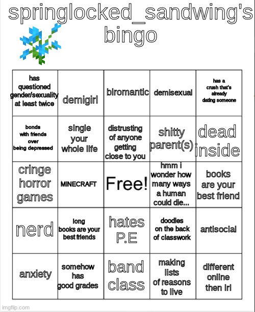 Blank Bingo | springlocked_sandwing's bingo; has questioned gender/sexuality at least twice; biromantic; has a crush that's already dating someone; demisexual; demigirl; bonds with friends over being depressed; dead inside; shitty parent(s); single your whole life; distrusting of anyone getting close to you; hmm i wonder how many ways a human could die... cringe horror games; books are your best friend; MINECRAFT; nerd; long books are your best friends; antisocial; doodles on the back of classwork; hates P.E; making lists of reasons to live; somehow has good grades; anxiety; band class; different online then irl | image tagged in blank bingo | made w/ Imgflip meme maker