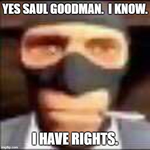 spi | YES SAUL GOODMAN.  I KNOW. I HAVE RIGHTS. | image tagged in spi | made w/ Imgflip meme maker