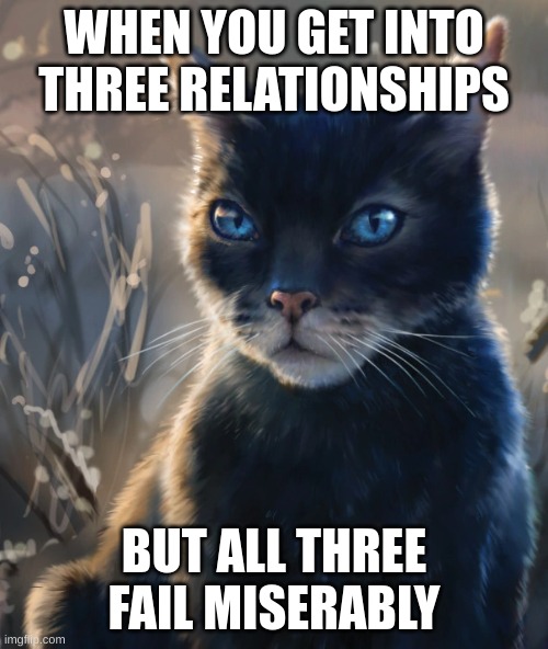 Crowfeather | WHEN YOU GET INTO THREE RELATIONSHIPS; BUT ALL THREE FAIL MISERABLY | image tagged in major bruh moment | made w/ Imgflip meme maker