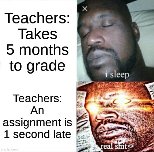 True | Teachers: Takes 5 months to grade; Teachers: An assignment is 1 second late | image tagged in memes,sleeping shaq,school,true | made w/ Imgflip meme maker