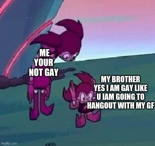 lamo | ME YOUR NOT GAY; MY BROTHER YES I AM GAY LIKE U IAM GOING TO HANGOUT WITH MY GF | made w/ Imgflip meme maker