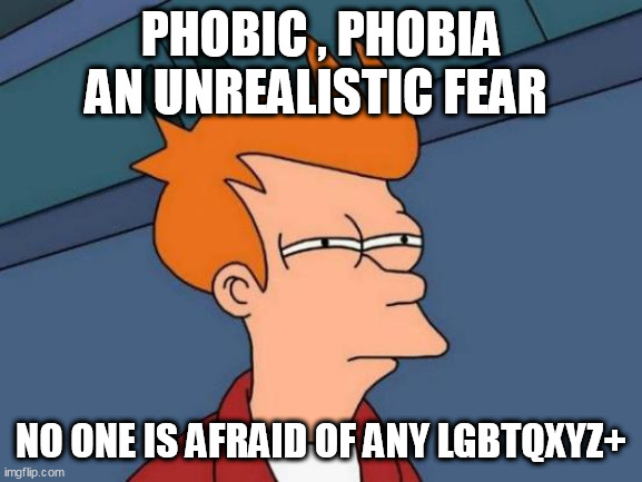Futurama Fry Meme | PHOBIC , PHOBIA AN UNREALISTIC FEAR; NO ONE IS AFRAID OF ANY LGBTQXYZ+ | image tagged in memes,futurama fry | made w/ Imgflip meme maker
