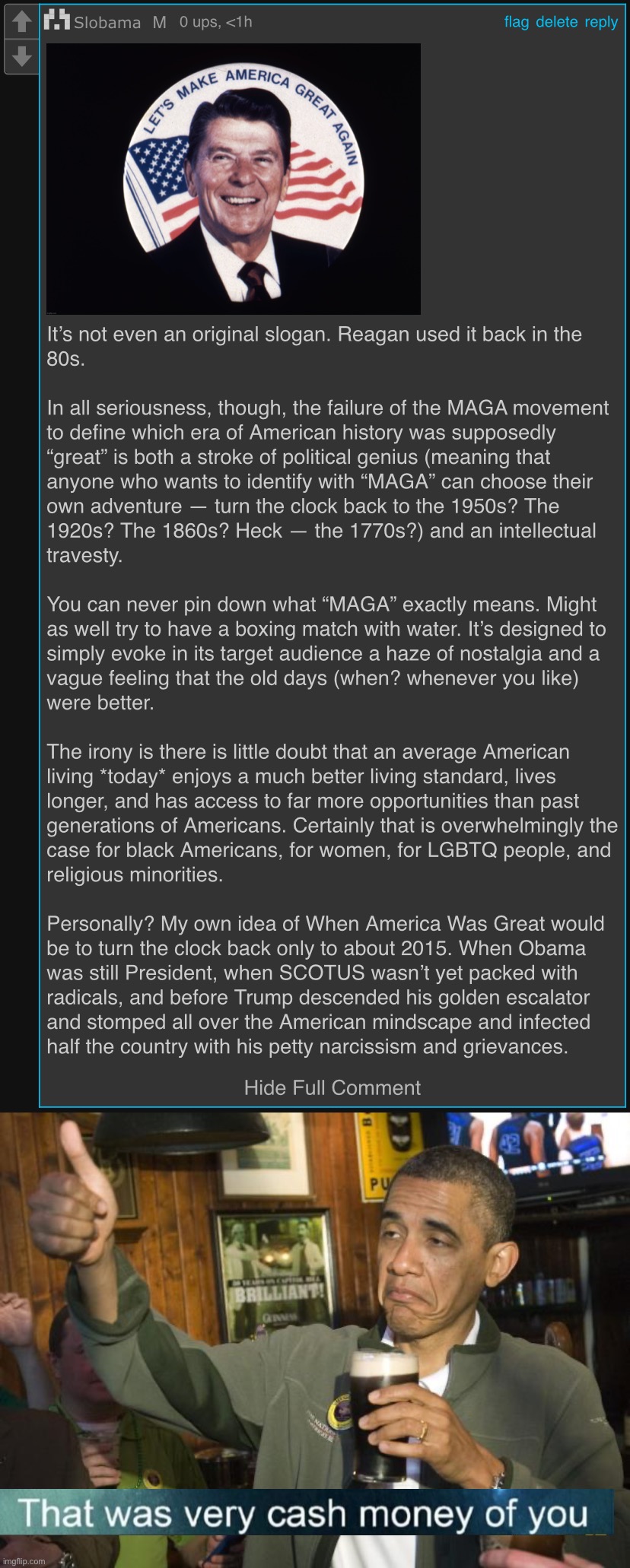 When was America at its greatest? How about 2015-ish? | image tagged in slobama roast maga movement,not bad | made w/ Imgflip meme maker