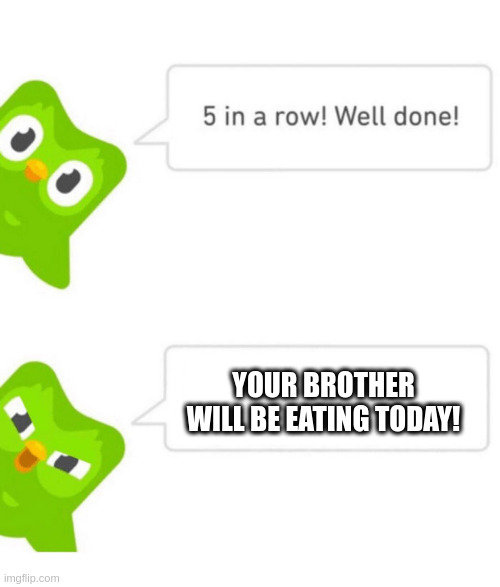 Duolingo 5 in a row | YOUR BROTHER WILL BE EATING TODAY! | image tagged in duolingo 5 in a row | made w/ Imgflip meme maker