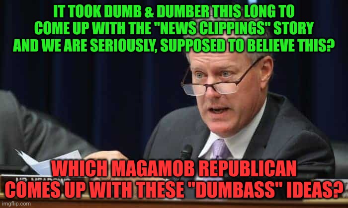 Mark Meadows | IT TOOK DUMB & DUMBER THIS LONG TO COME UP WITH THE "NEWS CLIPPINGS" STORY AND WE ARE SERIOUSLY, SUPPOSED TO BELIEVE THIS? WHICH MAGAMOB REPUBLICAN COMES UP WITH THESE "DUMBASS" IDEAS? | image tagged in mark meadows | made w/ Imgflip meme maker