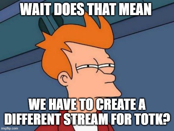 just wondering?? | WAIT DOES THAT MEAN; WE HAVE TO CREATE A DIFFERENT STREAM FOR TOTK? | image tagged in memes,futurama fry | made w/ Imgflip meme maker