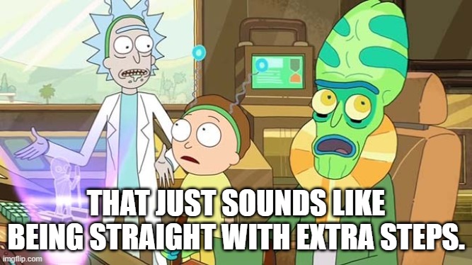 " ?" That just sounds like " " with extra steps! | THAT JUST SOUNDS LIKE BEING STRAIGHT WITH EXTRA STEPS. | image tagged in that just sounds like with extra steps | made w/ Imgflip meme maker