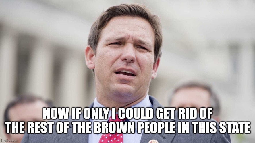 Ron Desantis | NOW IF ONLY I COULD GET RID OF THE REST OF THE BROWN PEOPLE IN THIS STATE | image tagged in ron desantis | made w/ Imgflip meme maker