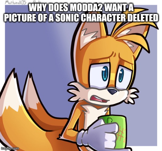 WHY DOES MODDA2 WANT A PICTURE OF A SONIC CHARACTER DELETED | image tagged in tails | made w/ Imgflip meme maker