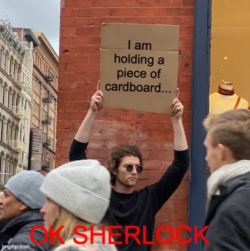 Did I know that? | I am holding a piece of cardboard... OK SHERLOCK | image tagged in memes,guy holding cardboard sign | made w/ Imgflip meme maker