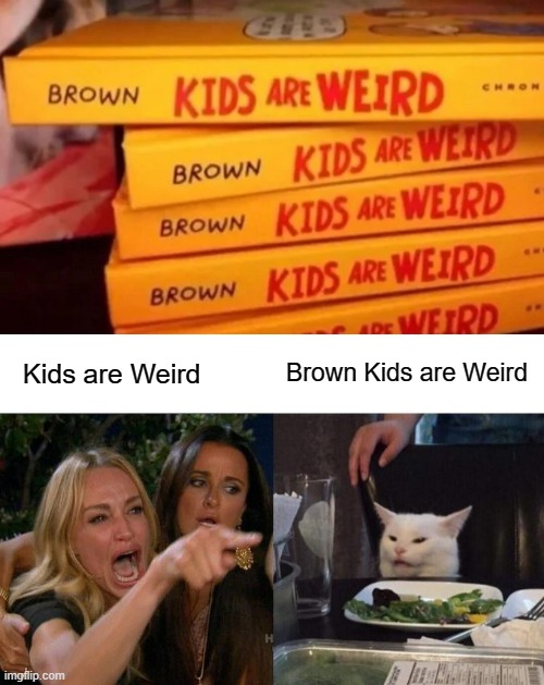 Brown Kids are Weird; Kids are Weird | image tagged in memes,woman yelling at cat | made w/ Imgflip meme maker