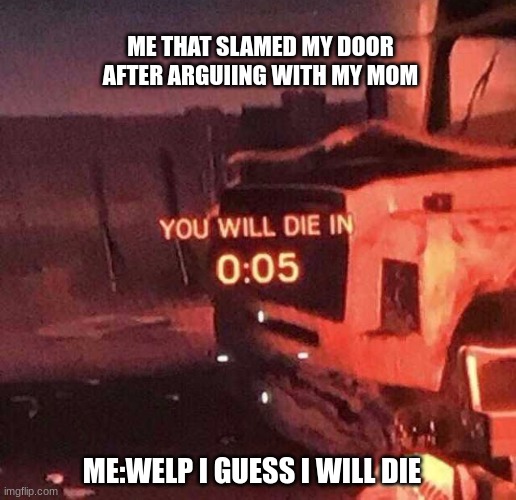 IM fd #moms #die #im boutta die #f | ME THAT SLAMED MY DOOR AFTER ARGUIING WITH MY MOM; ME:WELP I GUESS I WILL DIE | image tagged in you will die in 0 05 | made w/ Imgflip meme maker