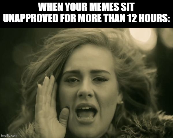 What gives? Do We Need More Mods in the Thread or??? | WHEN YOUR MEMES SIT UNAPPROVED FOR MORE THAN 12 HOURS: | image tagged in adele hello | made w/ Imgflip meme maker