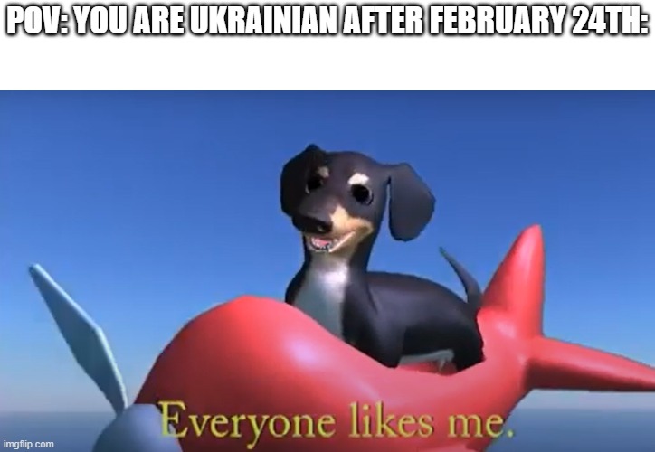 suppowt ukwaine - 9 year old | POV: YOU ARE UKRAINIAN AFTER FEBRUARY 24TH: | image tagged in everyone likes me,ukraine,dog of wisdom,memes,funny,the balls on this man | made w/ Imgflip meme maker