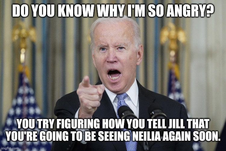 Give Joe a Break | DO YOU KNOW WHY I'M SO ANGRY? YOU TRY FIGURING HOW YOU TELL JILL THAT YOU'RE GOING TO BE SEEING NEILIA AGAIN SOON. | image tagged in joe biden,ex wife | made w/ Imgflip meme maker