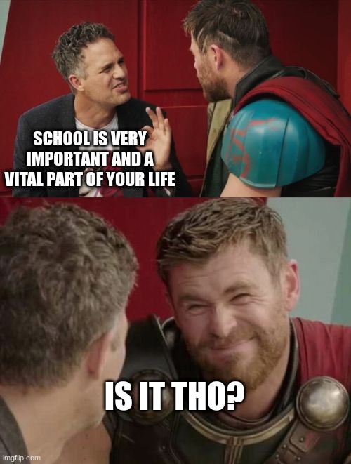 Is it though | SCHOOL IS VERY IMPORTANT AND A VITAL PART OF YOUR LIFE; IS IT THO? | image tagged in is it though | made w/ Imgflip meme maker