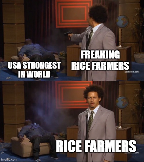 Wow guys Freedom | FREAKING RICE FARMERS; USA STRONGEST IN WORLD; RICE FARMERS | image tagged in memes,who killed hannibal | made w/ Imgflip meme maker