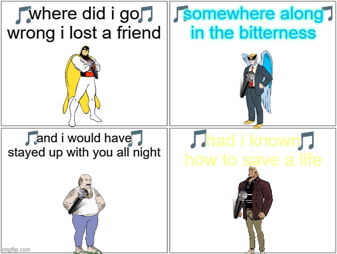 if adult swim characters sung 2000s songs volume 2 | somewhere along in the bitterness; where did i go wrong i lost a friend; had i known how to save a life; and i would have stayed up with you all night | image tagged in memes,blank comic panel 2x2,adult swim,warner bros,2000s,music | made w/ Imgflip meme maker