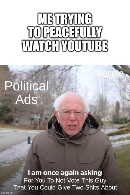 Like Shut Up Pls | ME TRYING TO PEACEFULLY WATCH YOUTUBE; Political Ads; For You To Not Vote This Guy That You Could Give Two Shits About | image tagged in memes,bernie i am once again asking for your support | made w/ Imgflip meme maker