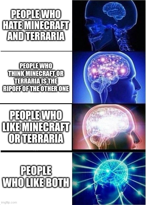 Expanding Brain | PEOPLE WHO HATE MINECRAFT AND TERRARIA; PEOPLE WHO THINK MINECRAFT OR TERRARIA IS THE RIPOFF OF THE OTHER ONE; PEOPLE WHO LIKE MINECRAFT OR TERRARIA; PEOPLE WHO LIKE BOTH | image tagged in memes,expanding brain,terraria | made w/ Imgflip meme maker