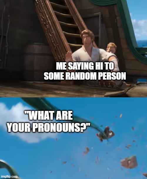 This is so annoying. I was born male, always have been male, & always will be male. Please stop | ME SAYING HI TO SOME RANDOM PERSON; "WHAT ARE YOUR PRONOUNS?" | image tagged in jacob holland gets yeeted,pronouns | made w/ Imgflip meme maker