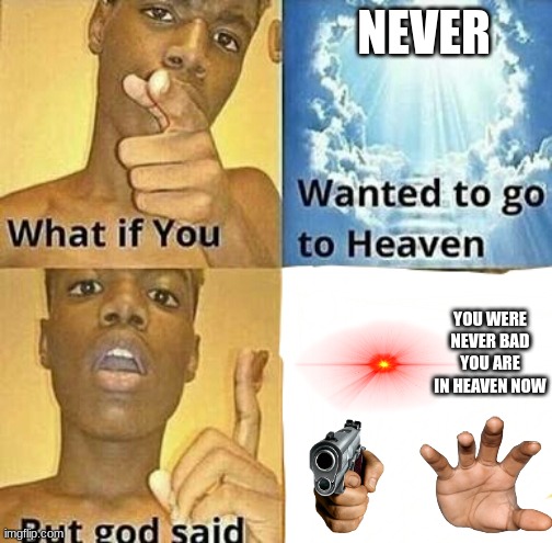 What if you wanted to go to Heaven | NEVER; YOU WERE NEVER BAD YOU ARE IN HEAVEN NOW | image tagged in what if you wanted to go to heaven | made w/ Imgflip meme maker
