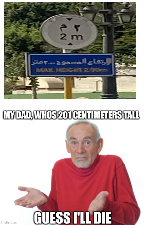 max height 2m |  MY DAD, WHOS 201 CENTIMETERS TALL; GUESS I'LL DIE | image tagged in blank white template,guess i'll die | made w/ Imgflip meme maker