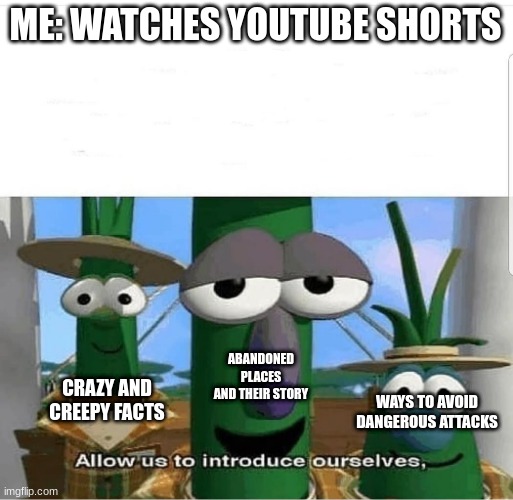 Great, I can never sleep | ME: WATCHES YOUTUBE SHORTS; ABANDONED PLACES AND THEIR STORY; CRAZY AND CREEPY FACTS; WAYS TO AVOID DANGEROUS ATTACKS | image tagged in allow us to introduce ourselves | made w/ Imgflip meme maker