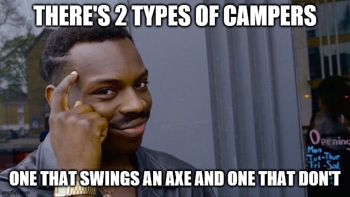 Roll Safe Think About It | THERE'S 2 TYPES OF CAMPERS; ONE THAT SWINGS AN AXE AND ONE THAT DON'T | image tagged in memes,roll safe think about it | made w/ Imgflip meme maker