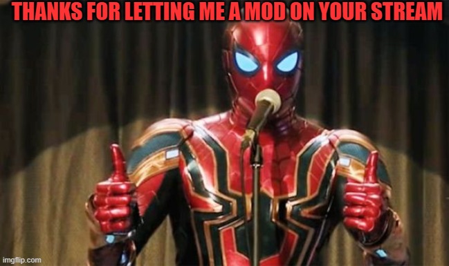 A thank you for Xentrick | THANKS FOR LETTING ME A MOD ON YOUR STREAM | image tagged in spider-man thumbs up | made w/ Imgflip meme maker