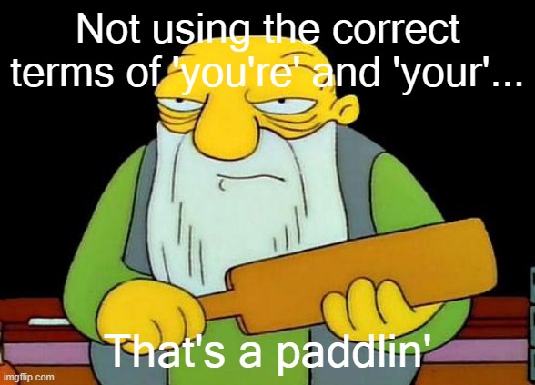 Is there anyone who actually uses them correctly? | Not using the correct terms of 'you're' and 'your'... That's a paddlin' | image tagged in memes,that's a paddlin' | made w/ Imgflip meme maker