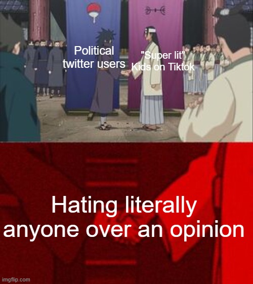 Can we agree this is true though? | Political twitter users; "Super lit" Kids on Tiktok; Hating literally anyone over an opinion | image tagged in anime handshake | made w/ Imgflip meme maker