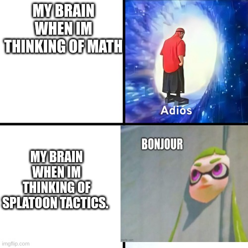 Adios Bonjour | MY BRAIN WHEN IM THINKING OF MATH; MY BRAIN WHEN IM THINKING OF SPLATOON TACTICS. | image tagged in adios bonjour | made w/ Imgflip meme maker