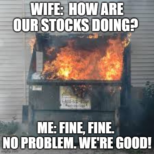 Investors 2022 | WIFE:  HOW ARE OUR STOCKS DOING? ME: FINE, FINE.  NO PROBLEM. WE'RE GOOD! | image tagged in dumpster fire | made w/ Imgflip meme maker