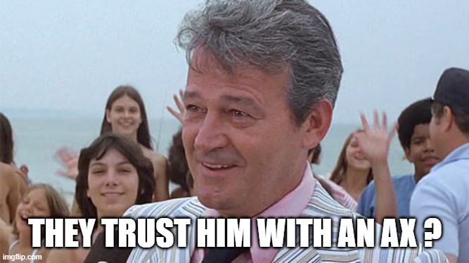 Mayor from Jaws | THEY TRUST HIM WITH AN AX ? | image tagged in mayor from jaws | made w/ Imgflip meme maker