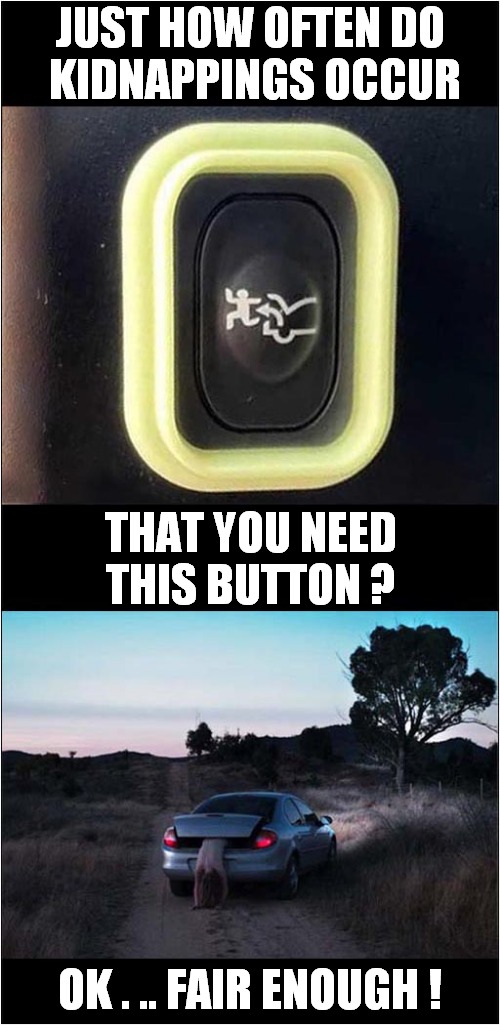Escape Button ! | JUST HOW OFTEN DO
 KIDNAPPINGS OCCUR; THAT YOU NEED THIS BUTTON ? OK . .. FAIR ENOUGH ! | image tagged in cars,kidnapping,button,escape,dark humour | made w/ Imgflip meme maker