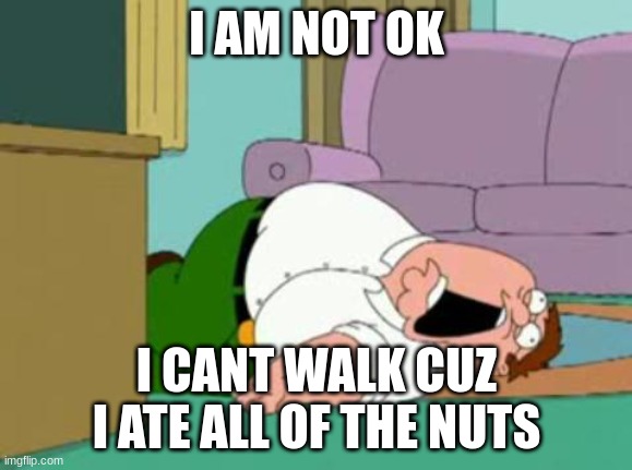 peter ate all nuts | I AM NOT OK; I CANT WALK CUZ I ATE ALL OF THE NUTS | image tagged in peter griffin | made w/ Imgflip meme maker